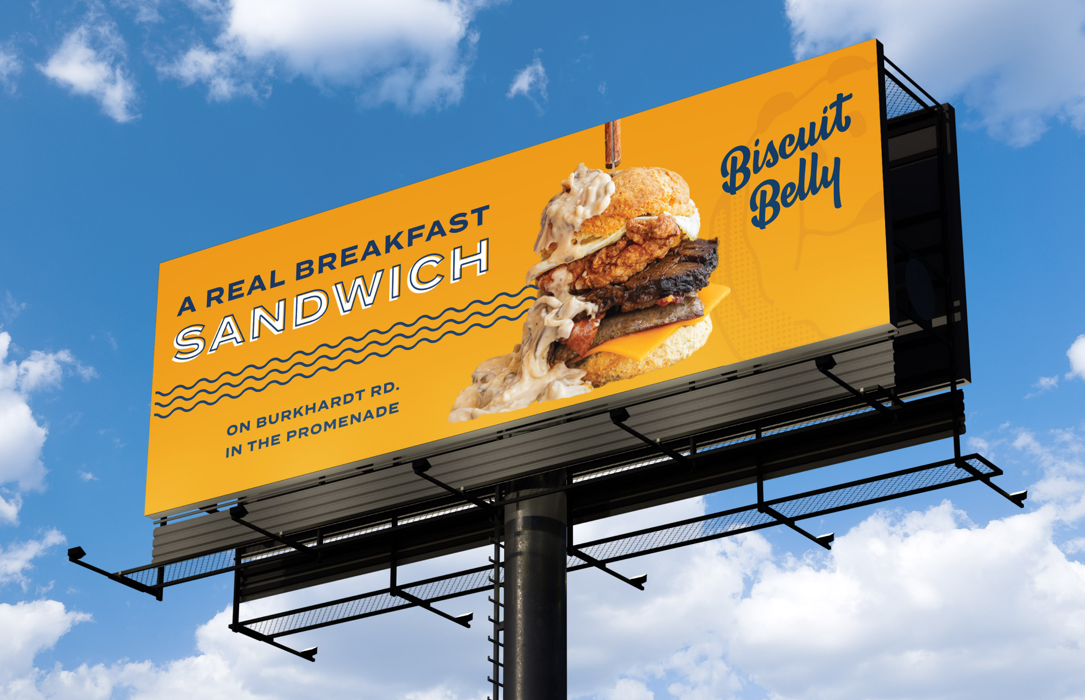 A billboard for the new Evansbille, IN store that reads "A real breakfast sandwich."