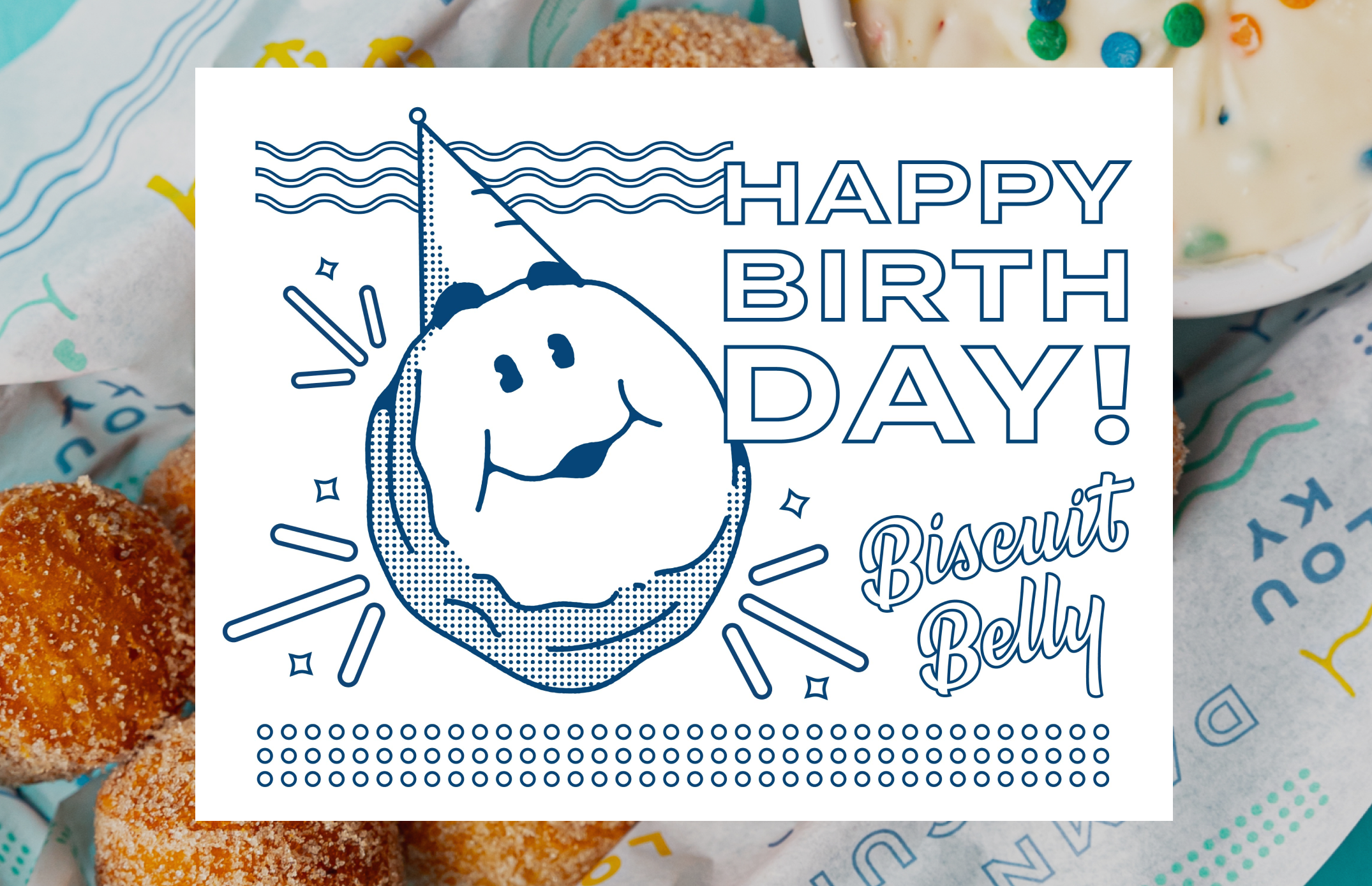 A cover of a coloring book that says "Happy birthday" with the Biscuit Belly "Biscuit Man" mascot on it.