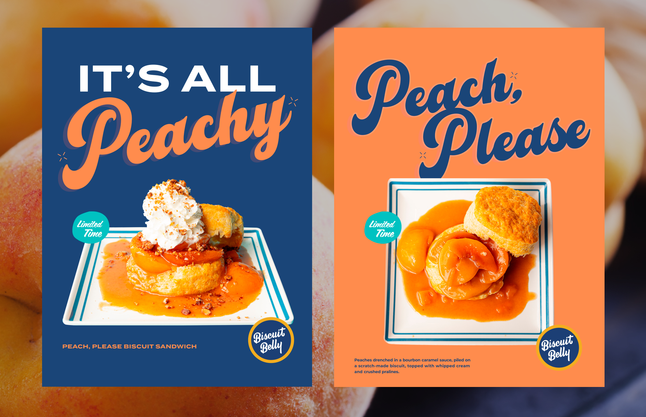 Two posters featuring peach dishes. One reads "Its all peachy." while the other reads "Peach please."