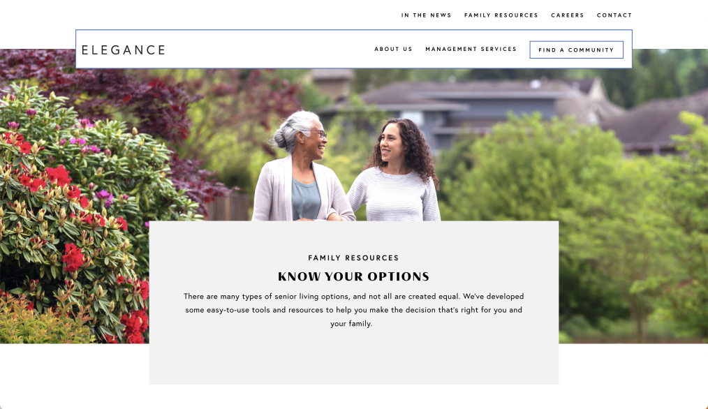 Image of the elegance website featuring a young woman and an elderly woman walking side by side in a garden