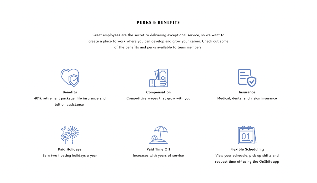 Image of the elegance website featuring the different perks and benefits of being an employee with Elegance