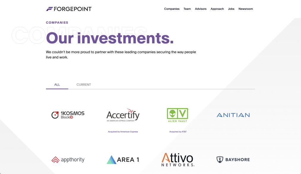 Screengrab of website with logos of companies Forgepoint invests in.