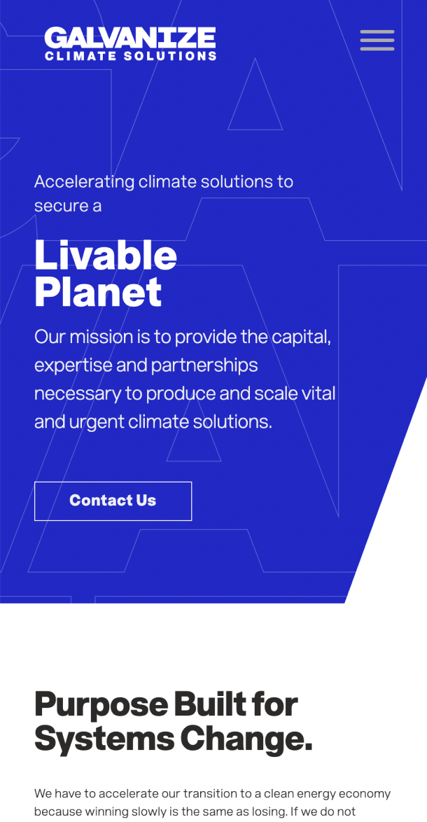 Mobile view screengrab of the Galvanize website with headline 'Livable Planet'
