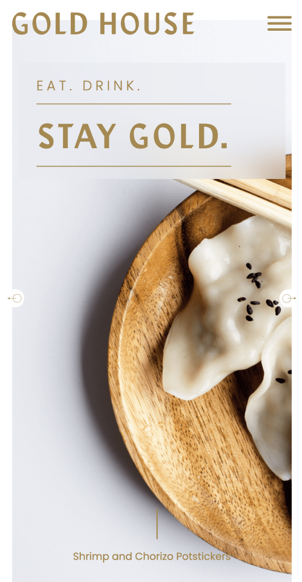 Mobile view of the gold-house website showing dumplings on a wooden dish
