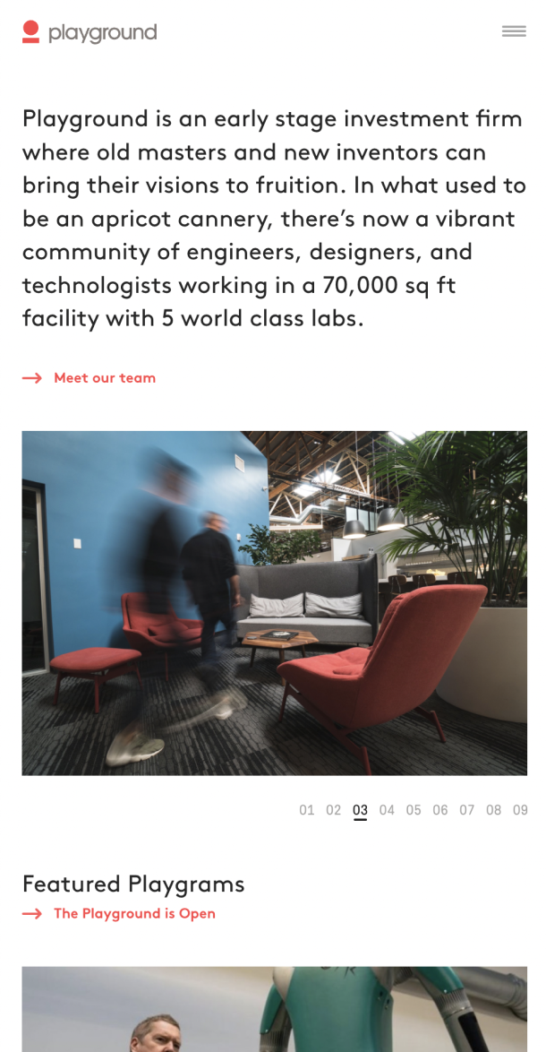 Screengrab of the mobile Playground website featuring an image of a lounge area in an office