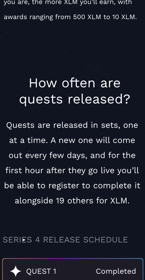 Screengrab of mobile Stellar Quest website with graphic of quests and explanation of their releases