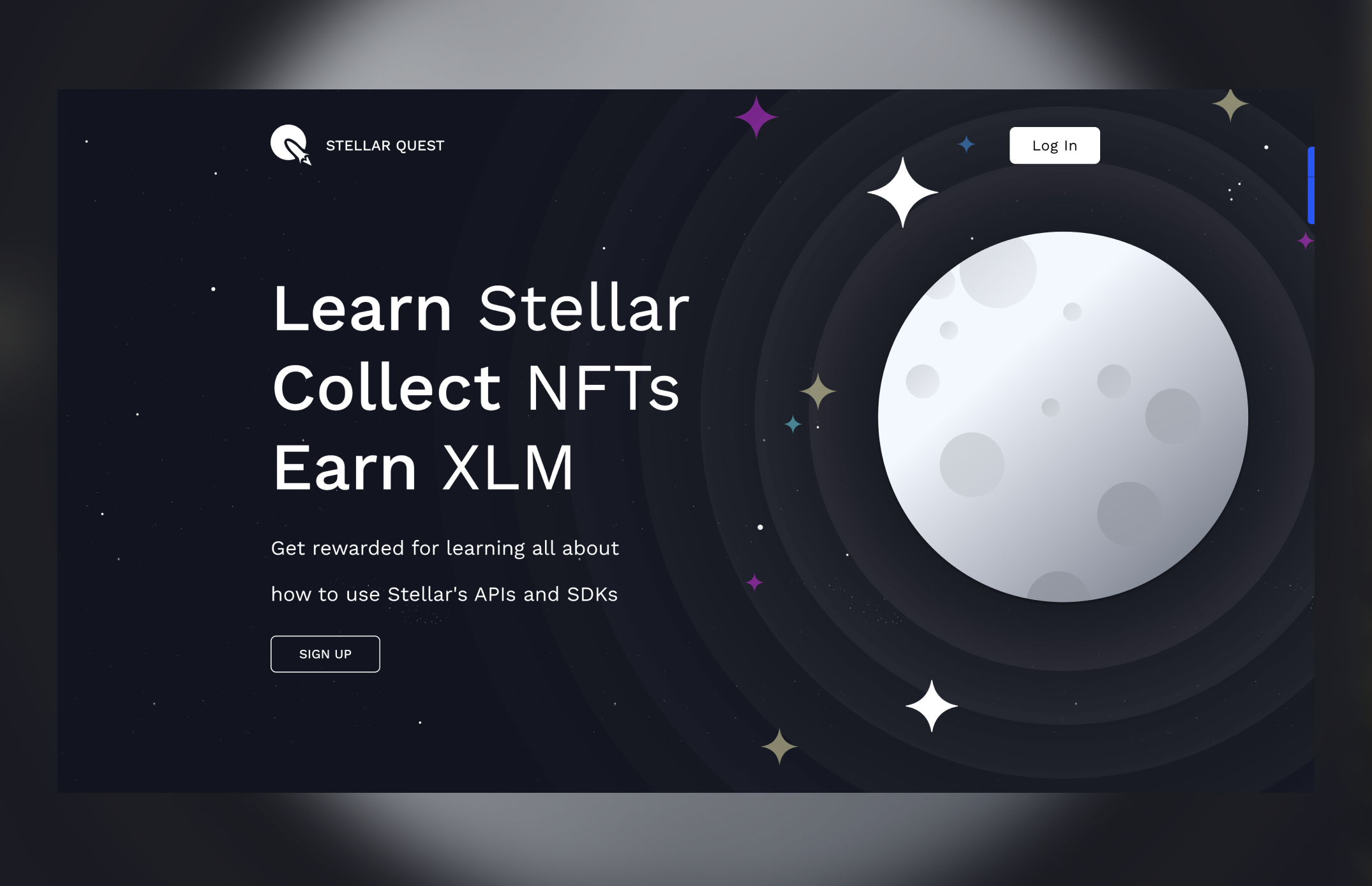 Screengrab of Stellar Quest website with graphic of a moon, and stars and text 'Learn Stellar Collect NFTs Earn XLM'.