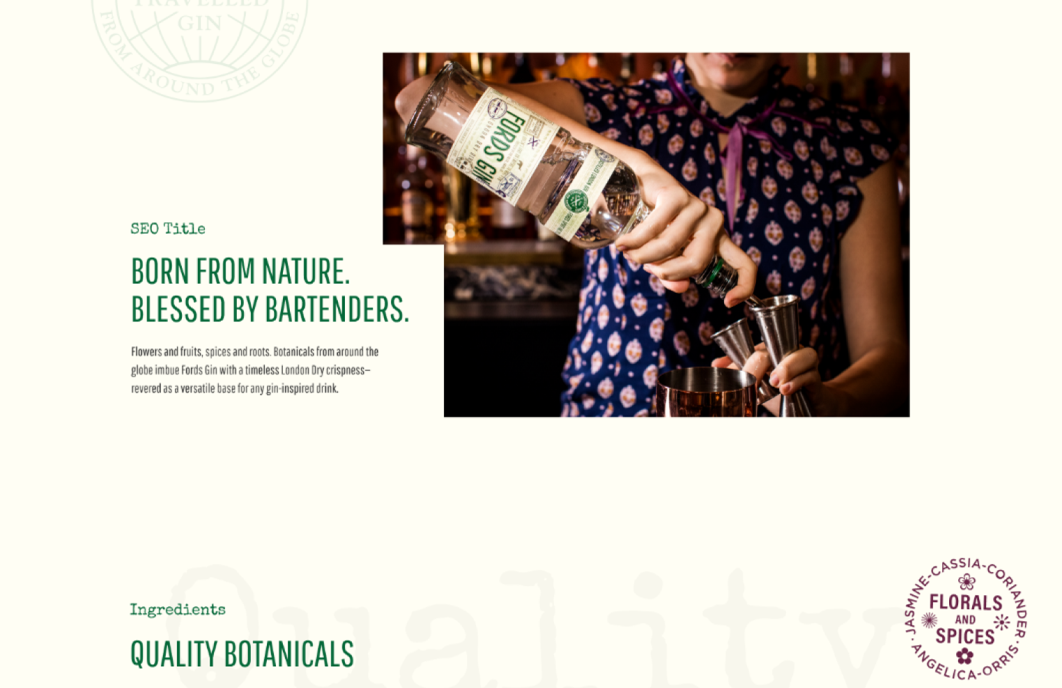 Fords Gin web design showing a bartender pouring a cocktail.