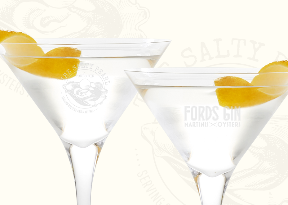 Fords Gin martini glasses that is part of a Salty Pearl popup campaign.