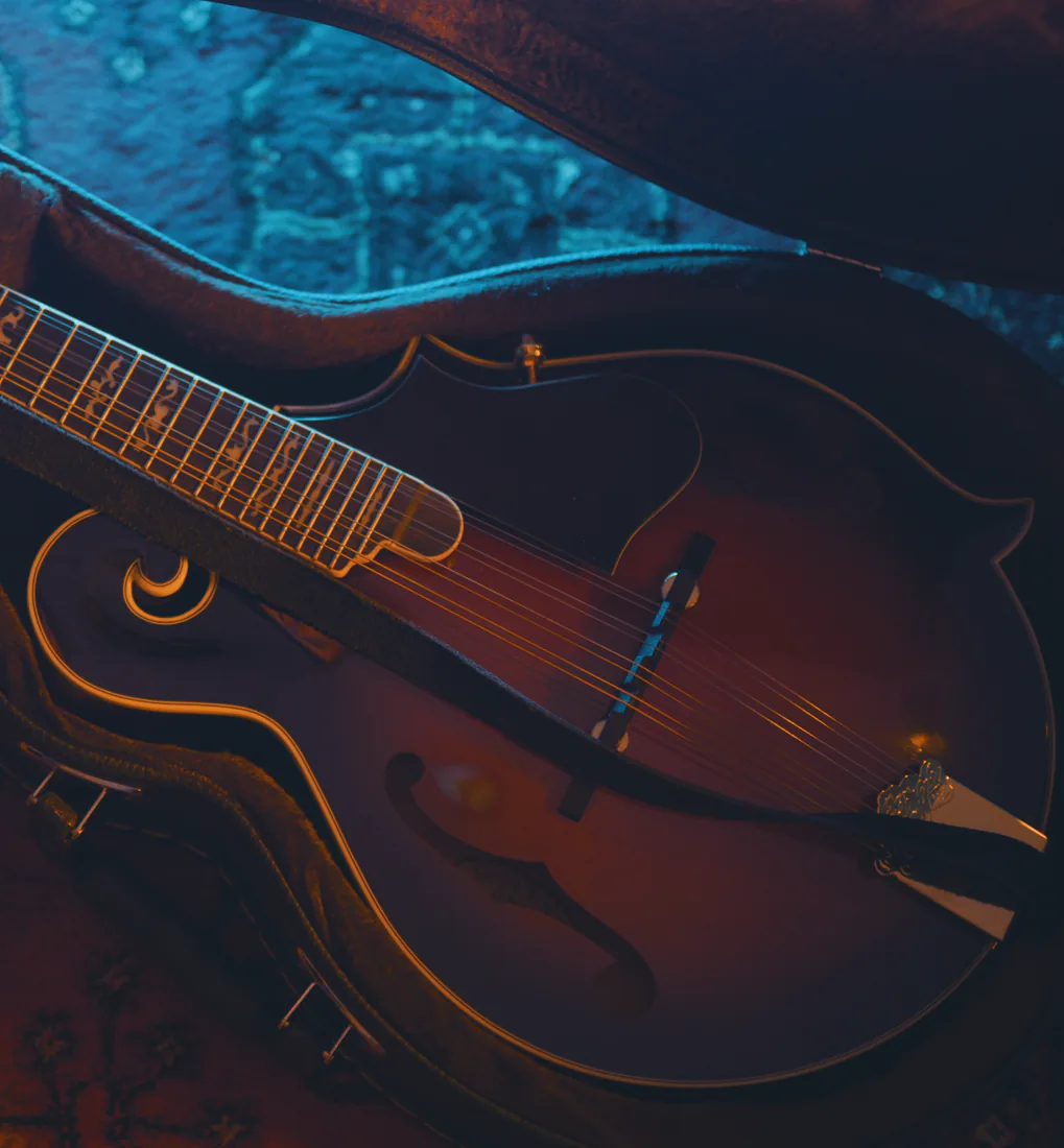 A mandolin in its open case on a patterned rug, from above.