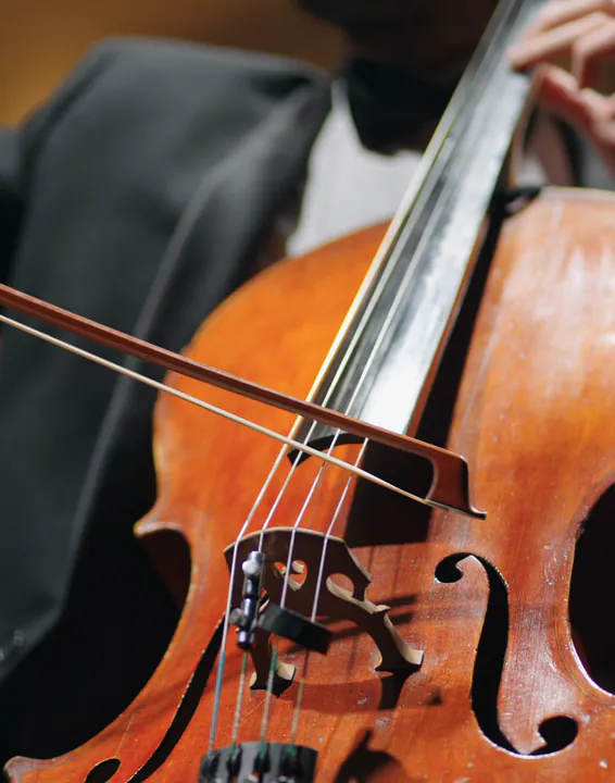 A cellist in concert dress bows in a warm, gilded hall.