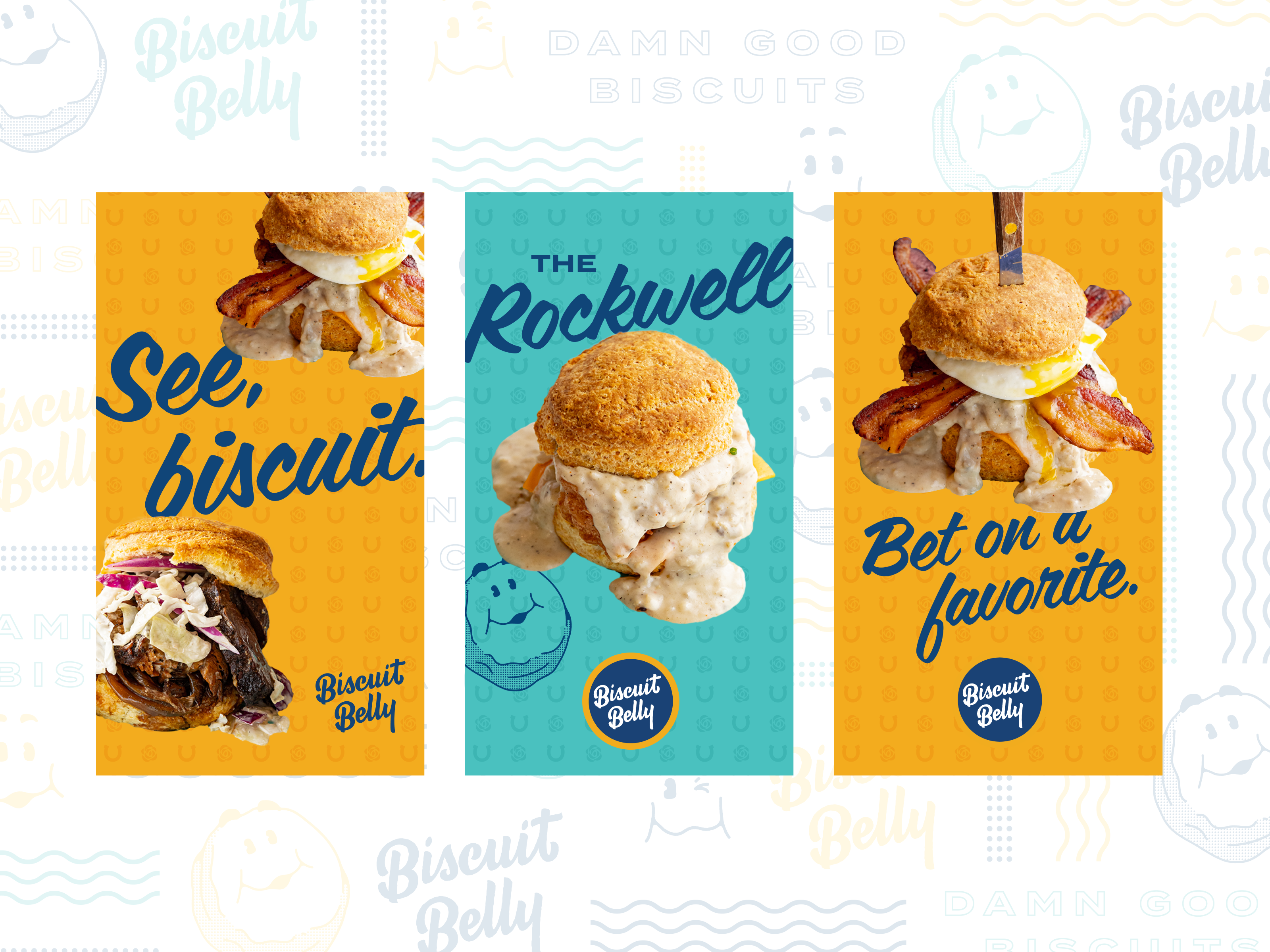 Showing a series of Biscuit Belly ads.