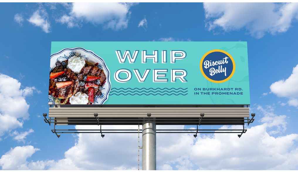 A billboard for the new Evansbille, IN store that reads "Whip over."