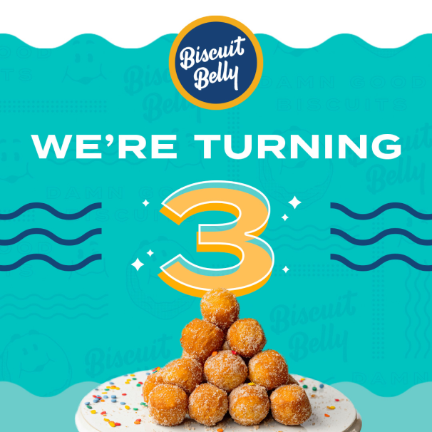 A social and email campaign that is part of a birthday celebration for Biscuit Belly running through June 2022