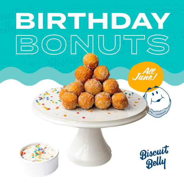 A social and email campaign that is part of a birthday celebration for Biscuit Belly running through June 2022