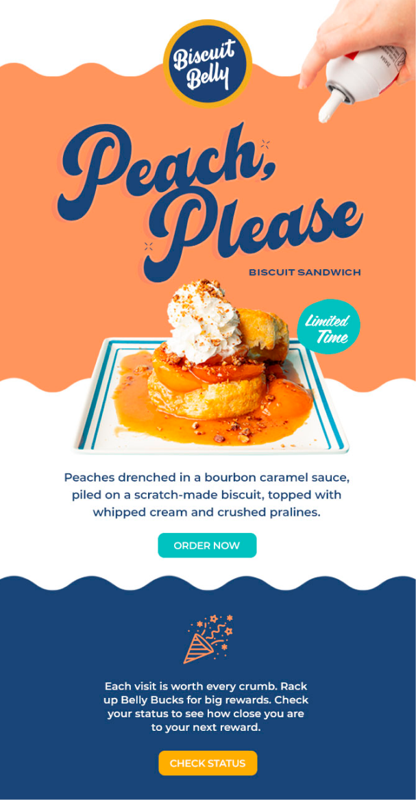 An email campaign that features a peach dish with the headline "Peach please."