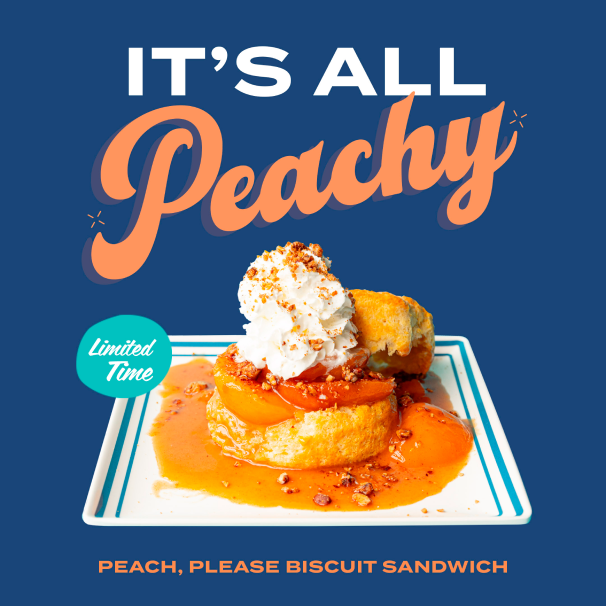 A social colorful social media campaign featuring a new peach dish that reads "Its all peachy."