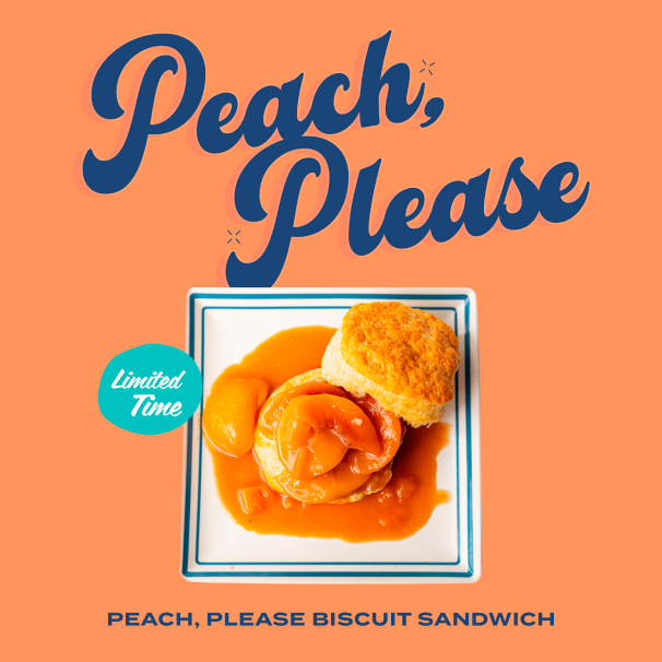 A social colorful social media campaign featuring a new peach dish that reads "Peach please."