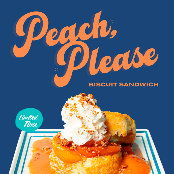A social colorful social media campaign featuring a new peach dish that reads "Peach please."