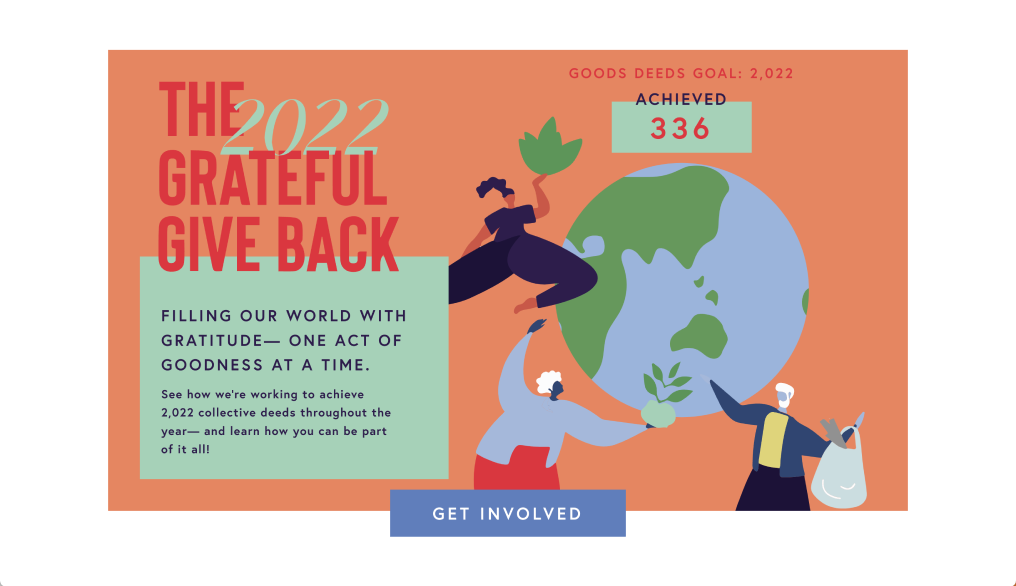 A screenshot of the 2022 Elegance Grateful Giveback Campaign featuring a graphic of people surrounding a globe