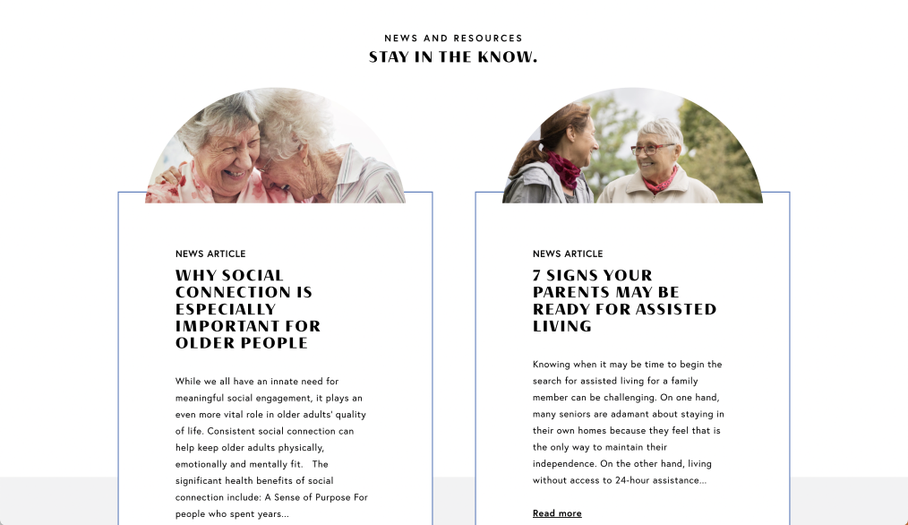 Image of the elegance website featuring two blog articles and pictures of two elderly women laughing together in an embrace, and a younger woman and elderly woman smiling in a