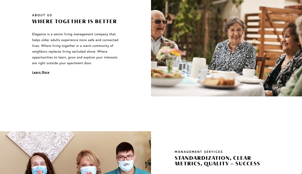 Image of the elegance website featuring the about us section and an image of elderly people at a dinner table laughing together