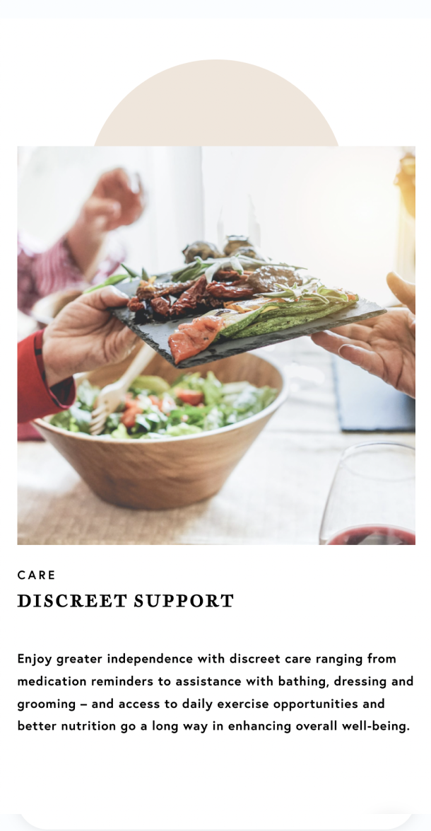 Mobile view of the Elegance website talking about discreet care and a picture of a salad and food being passed from one person to another over a dinner table