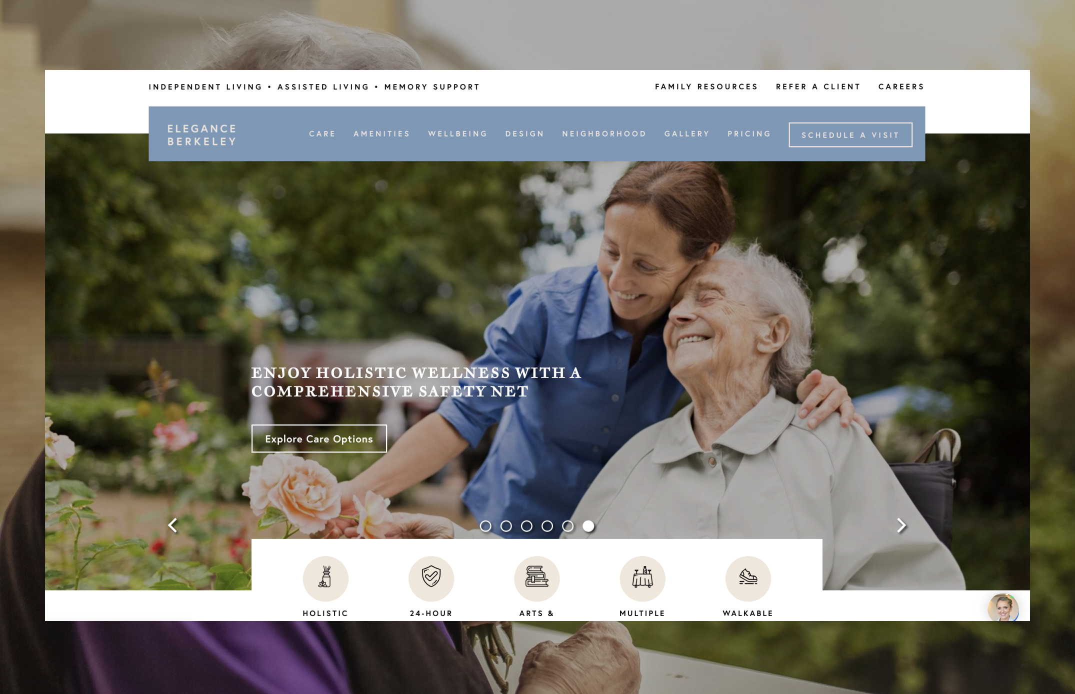 Image of the elegance website homepage featuring an elderly person and adult person smiling and hugging each other by a garden of roses