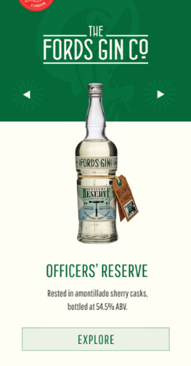 Mobile screengrab showing the Officers' Reserve bottle on the Fords Gin website