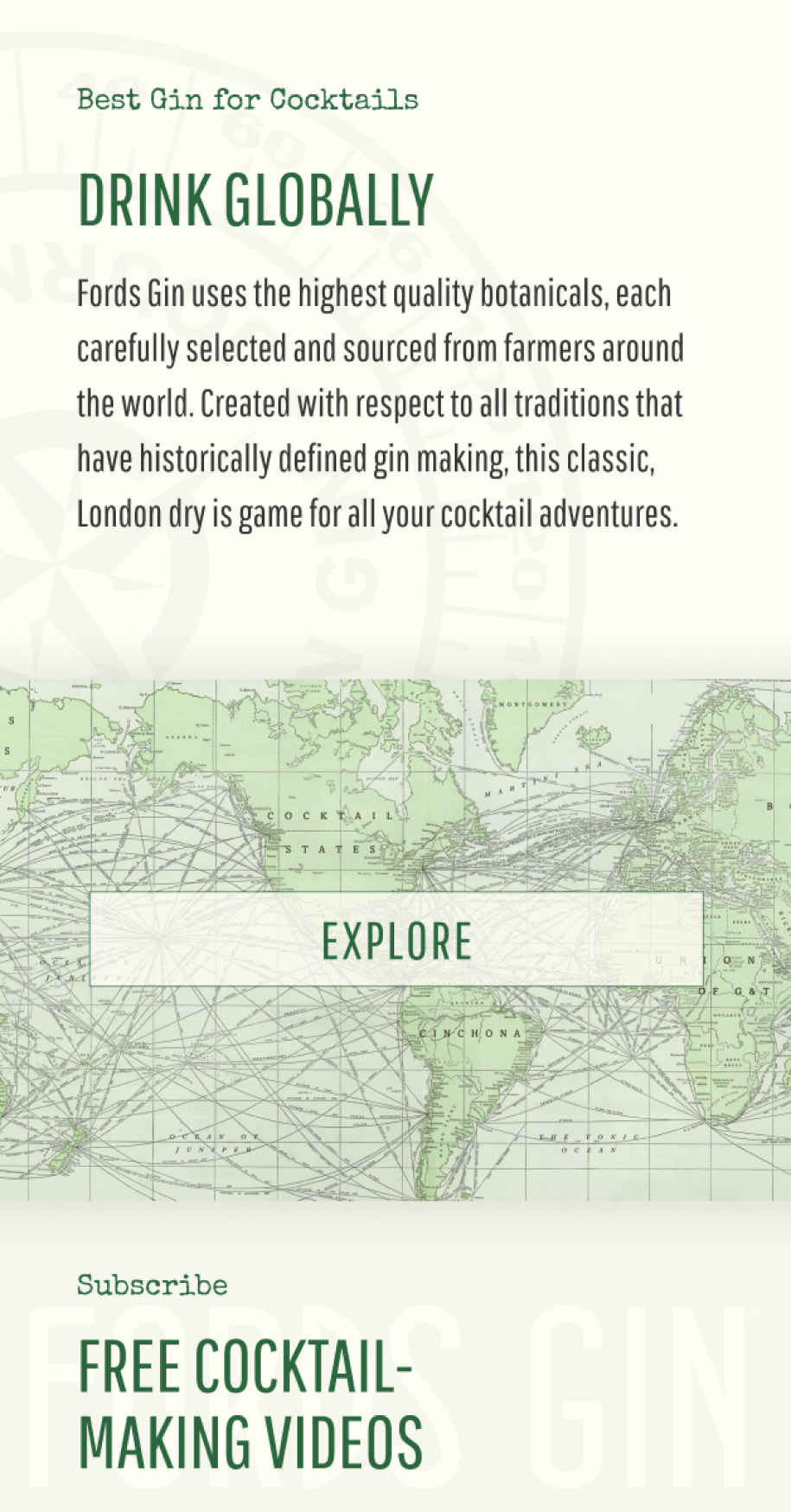 Mobile screengrab showing the map and headline 'Drink Globally' on the Fords Gin website