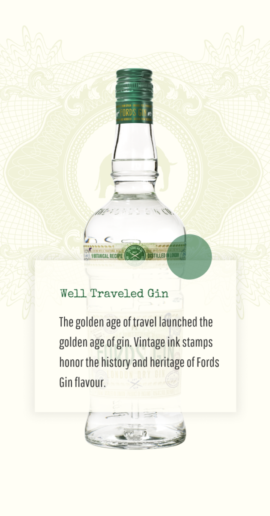 Mobile screengrab showing a bottle and headline 'Well Traveled Gin' on the Fords Gin website