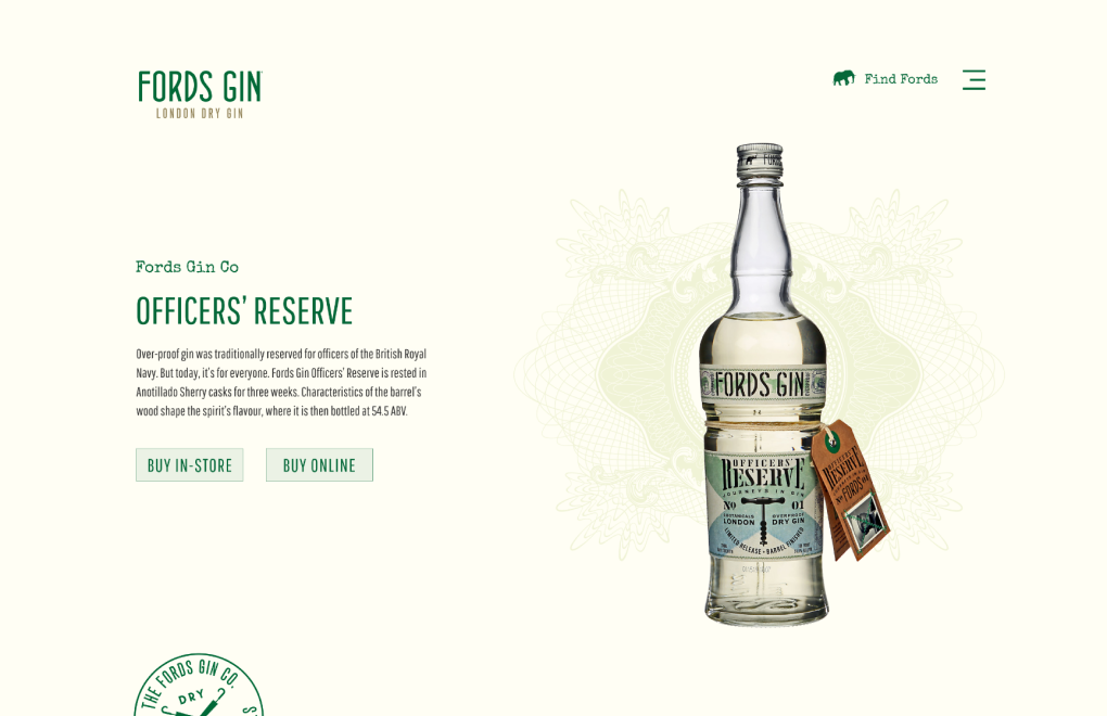 Fords Gin web design featuring Officers Reserve bottle and description.