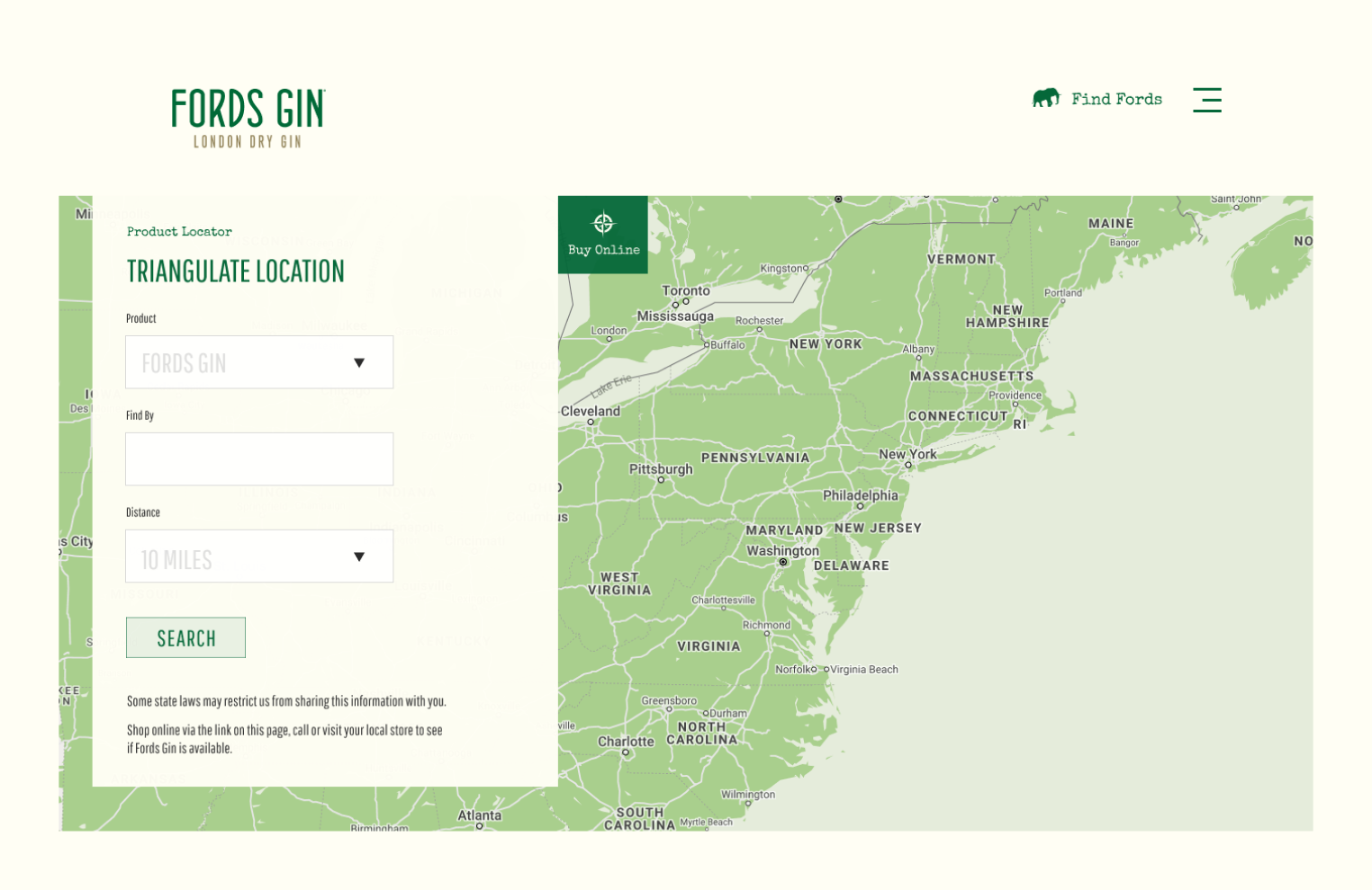Fords Gin web design featuring a product locator tool that allows you to search for Fords Gin in a store near you.