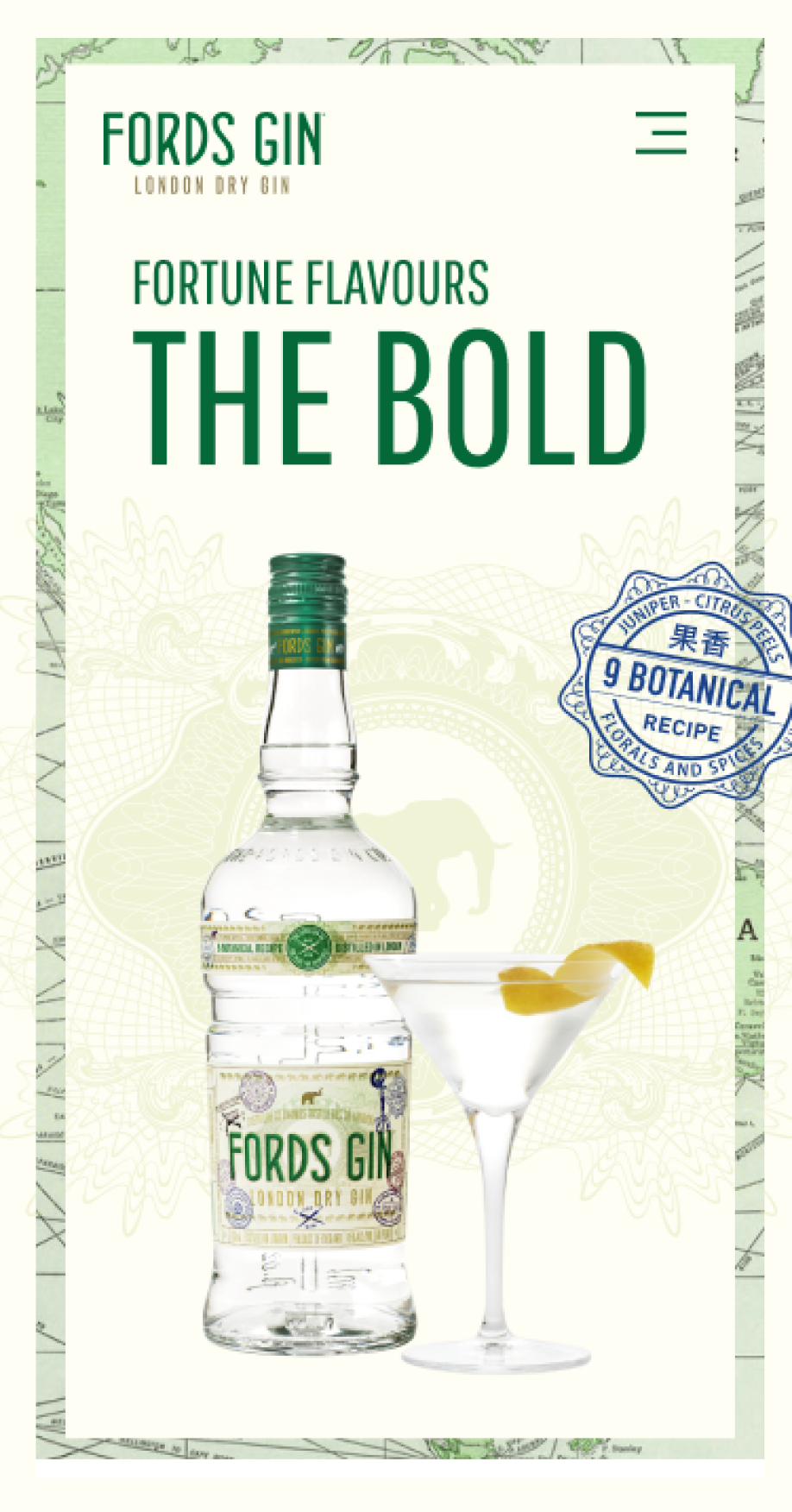 Mobile screengrab showing the Fords Gin bottle and martini on the Fords Gin website