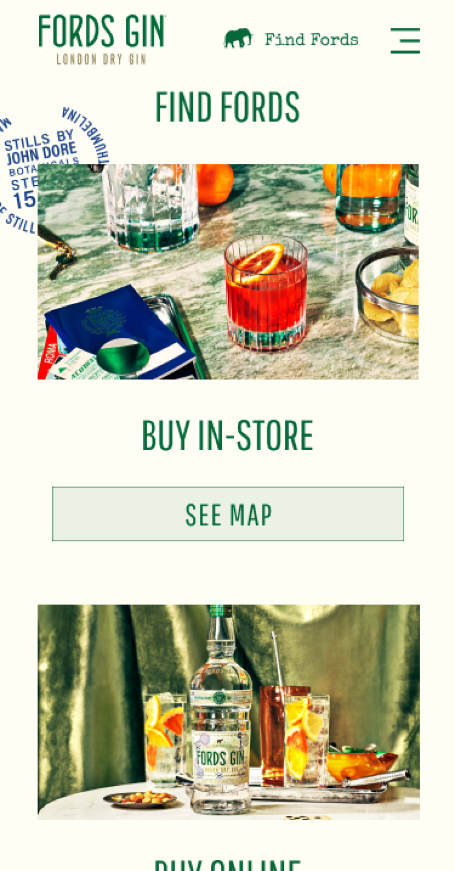 Mobile screengrab showing bright and colorful drinks and a passport on the Fords Gin website