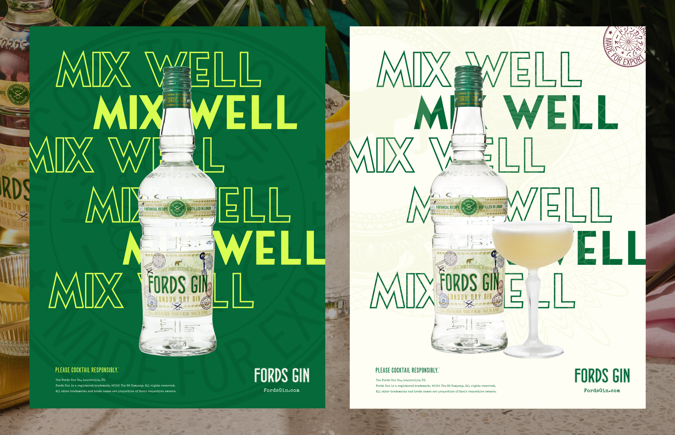 Fords Gin posters featuring in two different colors showcasing the Fords Gin bottle with the headline Mix Well in the background.