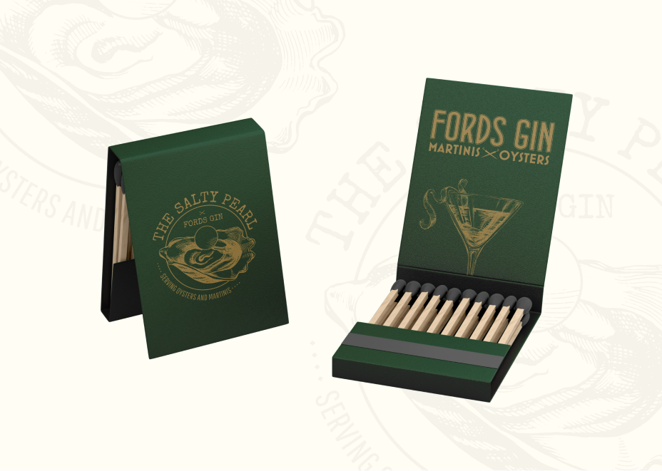 Fords Gin matchbook that is part of a Salty Pearl popup campaign.
