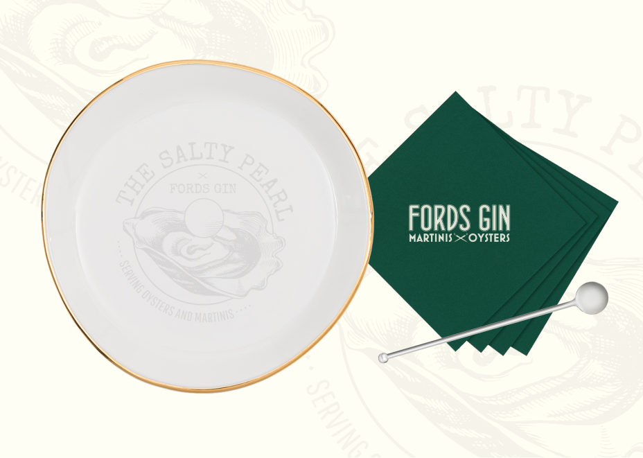 Fords Gin tableware that is part of a Salty Pearl popup campaign.