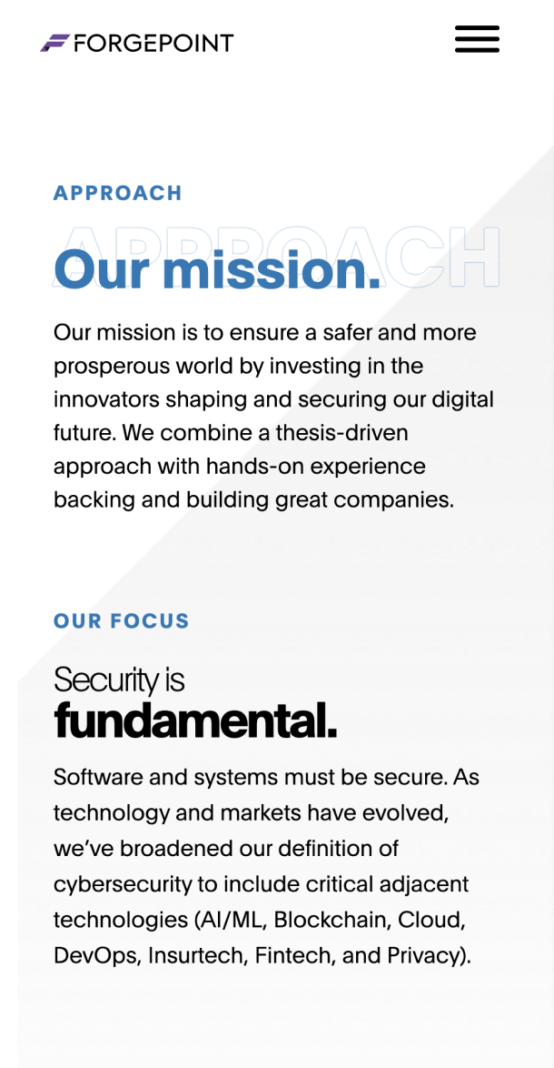 Screengrab of mobile website with text 'Our mission.'.