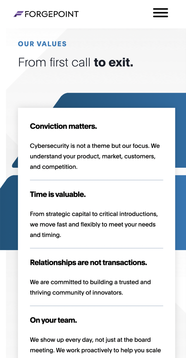 Screengrab of mobile website with text 'Our values'.