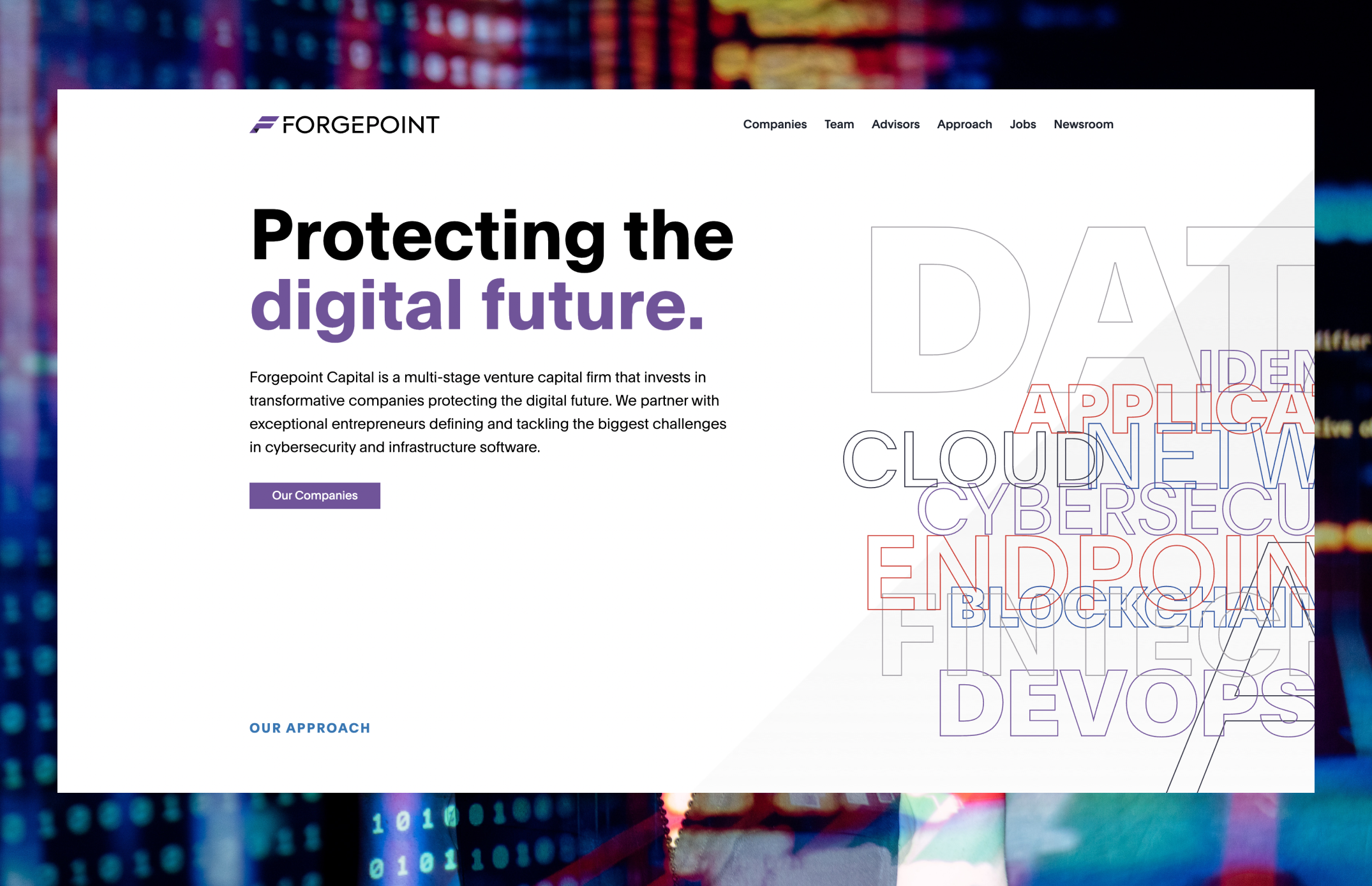 Screengrab of homepage with text 'Protecting the digital future.'.