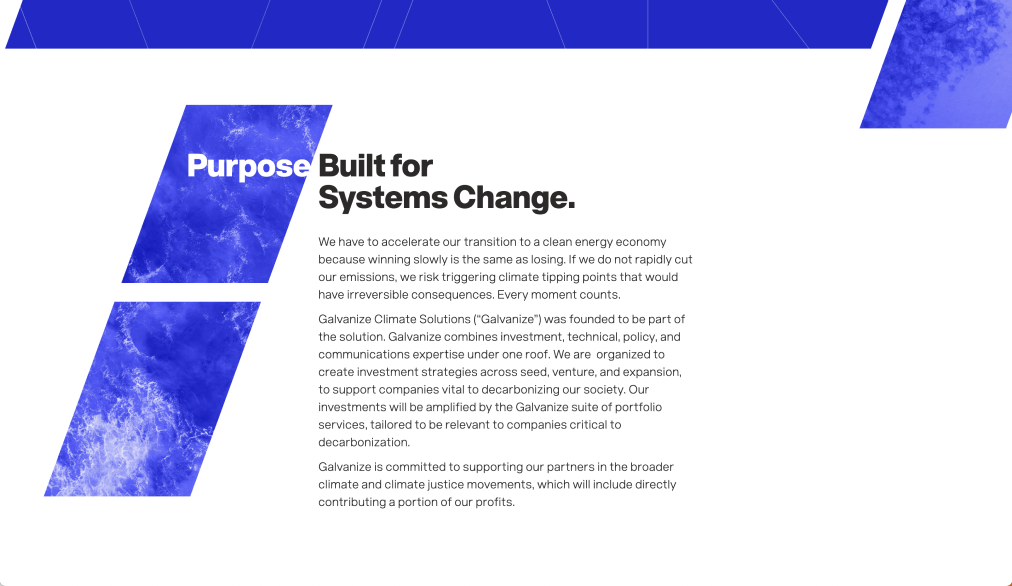 Screengrab of the Galvanize webiste with description and title 'Purpose Built for Systems Change'