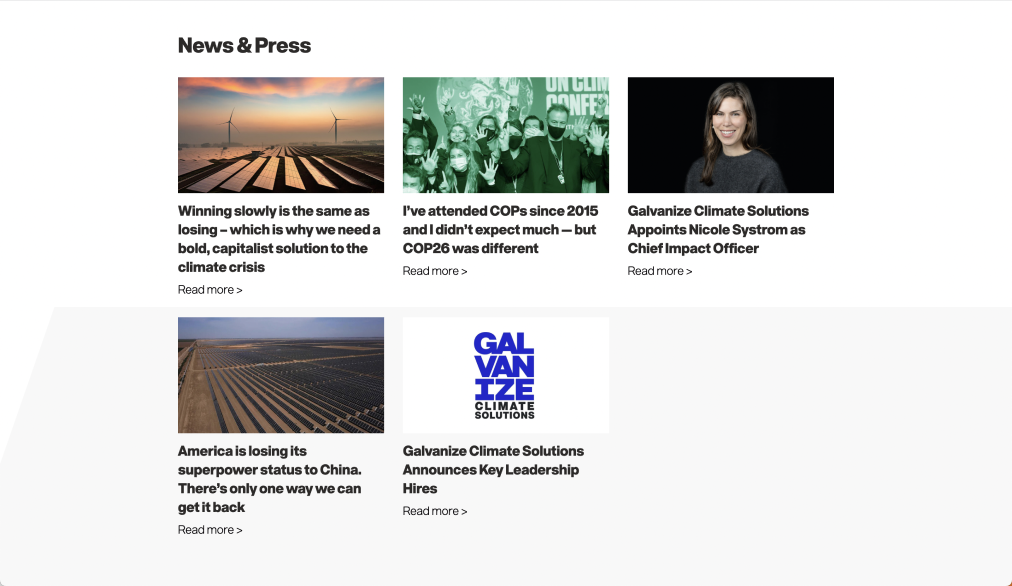 Screengrab of the Galvanize website with News & Press articles