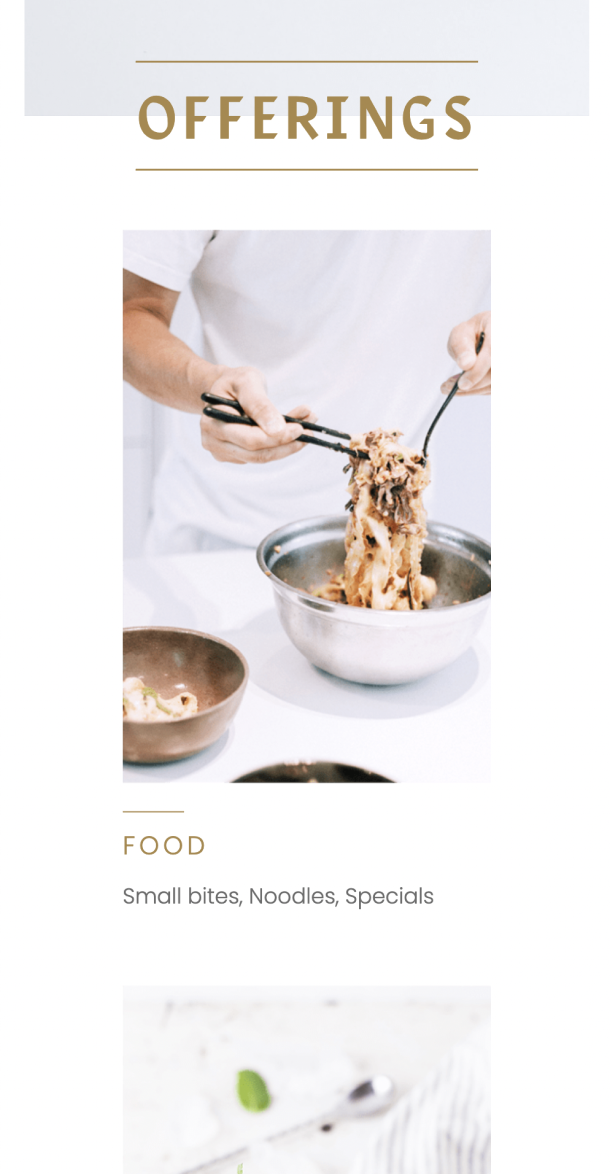 Mobile view of the gold-house website with headline 'offerings' and someone mixing noodles in a bowl