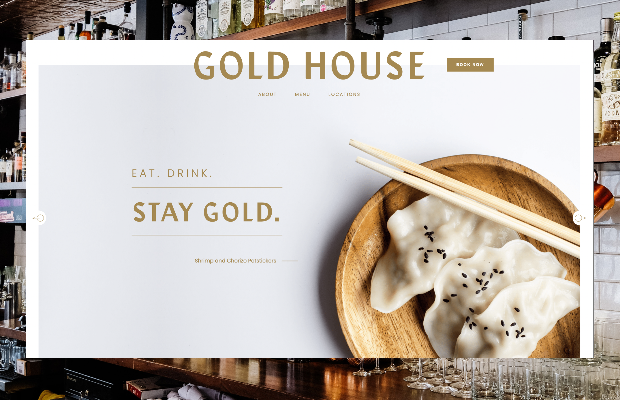 Screengrab of the gold-house website homepage with picture of dumplings on a wooden plate and chopsticks