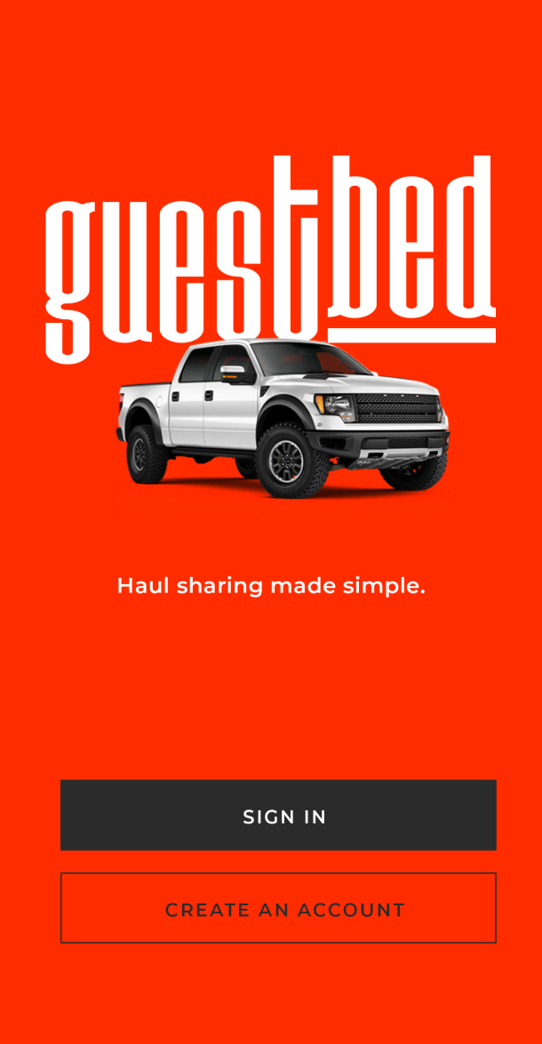 Screengrab of mobile guestbed website showing guestbed logo and white truck.