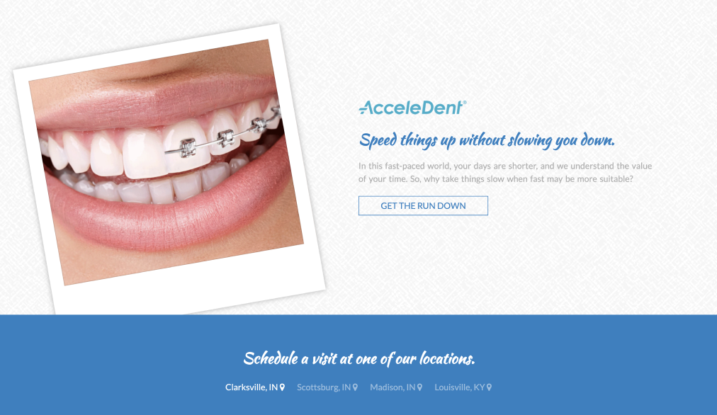 Screengrab of the website with a picture of a smile showing teeth where half of the teeth have braces