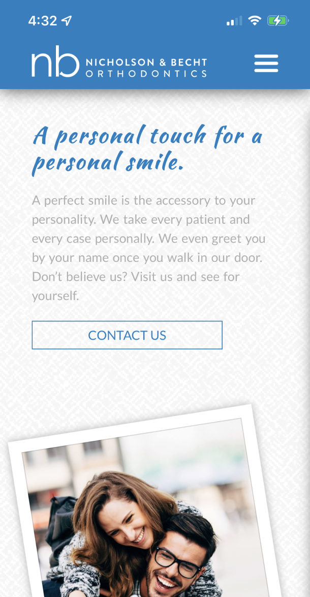 Screengrab of the mobile website with text 'A personal touch for a personal smile'