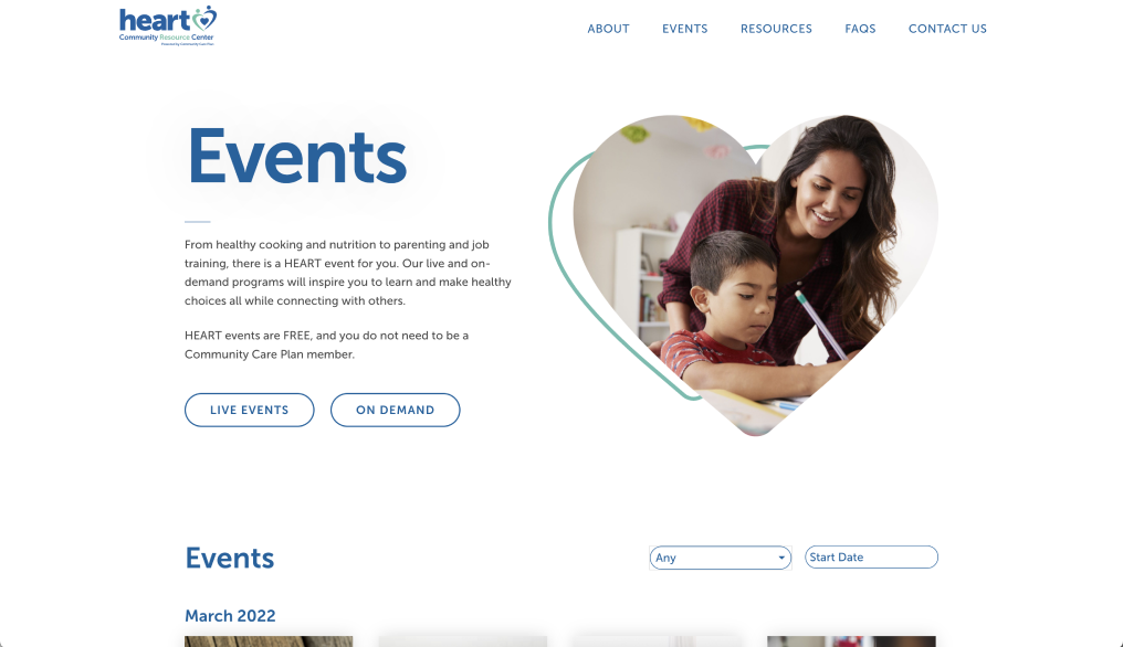 Screengrab of Our Heart website with title 'Events' with picture of a woman smiling at a child drawing