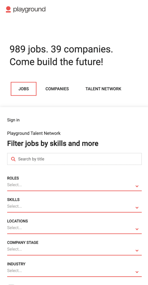 Screengrab of the mobile Playground website featuring a job search query